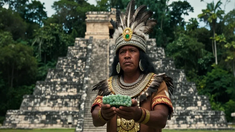 Mitos Mayas Cortos: Explorando los Misterios Cosmogónicos 31 Sacerdote maya con ofrenda ante pirámide
