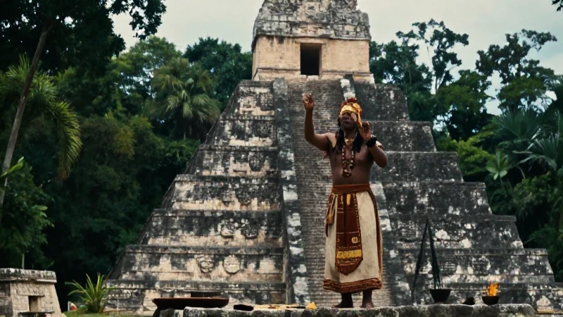 Mitos Mayas Cortos: Explorando los Misterios Cosmogónicos 30 Sacerdote maya en Tikal realiza ritual bajo luz dramática