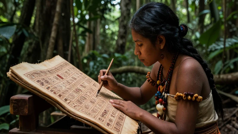 Mitos Mayas Cortos: Explorando los Misterios Cosmogónicos 26 Sacerdote pinta glifos en códice antiguo