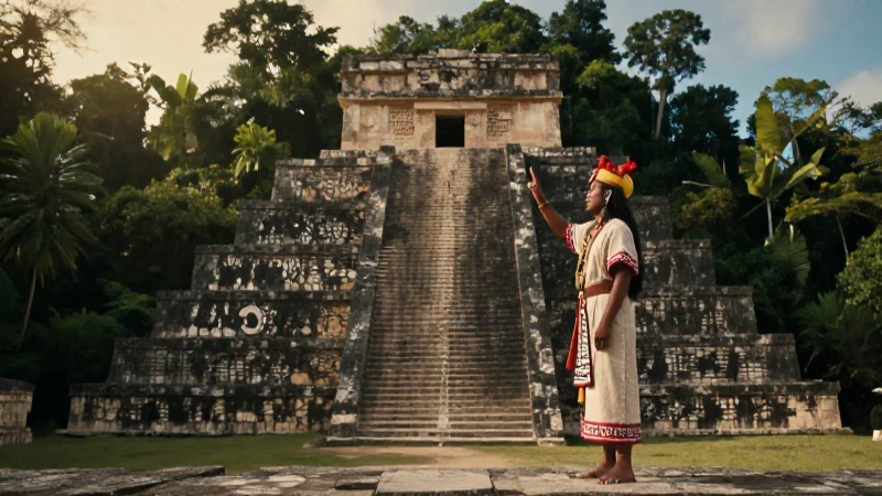 Mitos Mayas Cortos: Explorando los Misterios Cosmogónicos 28 Sacerdotisa maya observa alineación cósmica