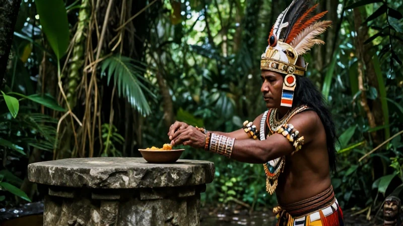 Mitos Mayas Cortos: Explorando los Misterios Cosmogónicos 27 Sacerdotisa Maya ritual en selva con cenote