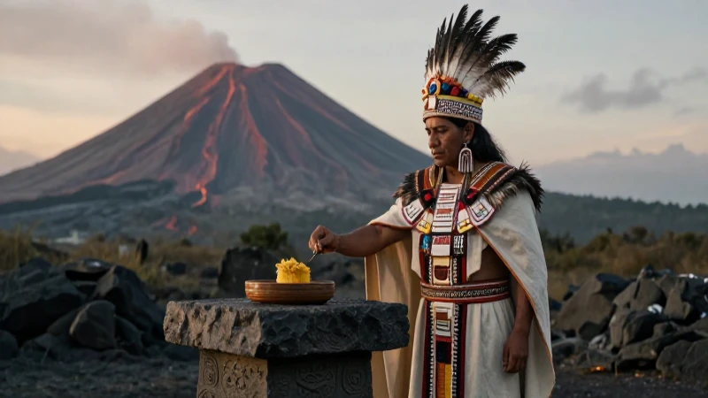 Mitos mesoamericanos: Explorando los relatos fundacionales 17 Sacerdote mesoamericano en ritual volcánico al amanecer