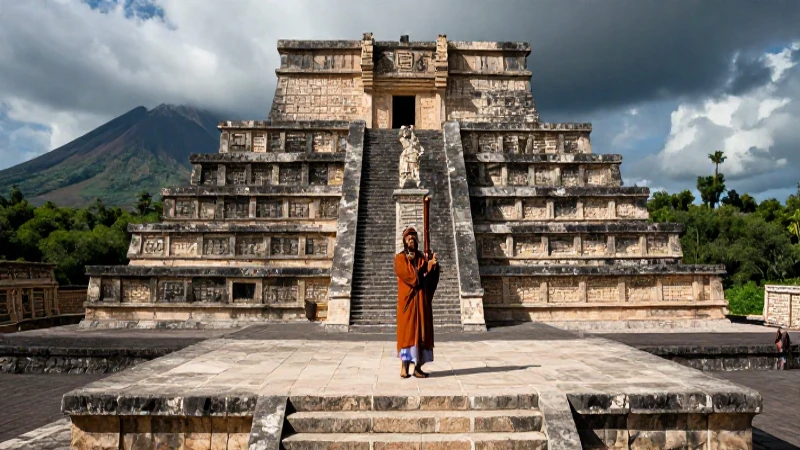 Mitos mesoamericanos: Explorando los relatos fundacionales 24 Sacerdote azteca en ritual bajo un templo monumental