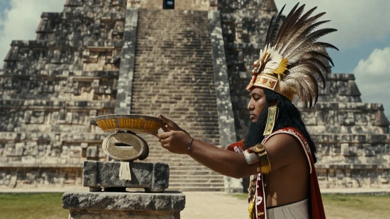 Mitos mesoamericanos: Explorando los relatos fundacionales 21 Sacerdote mesoamericano ofrece ritual ante pirámide