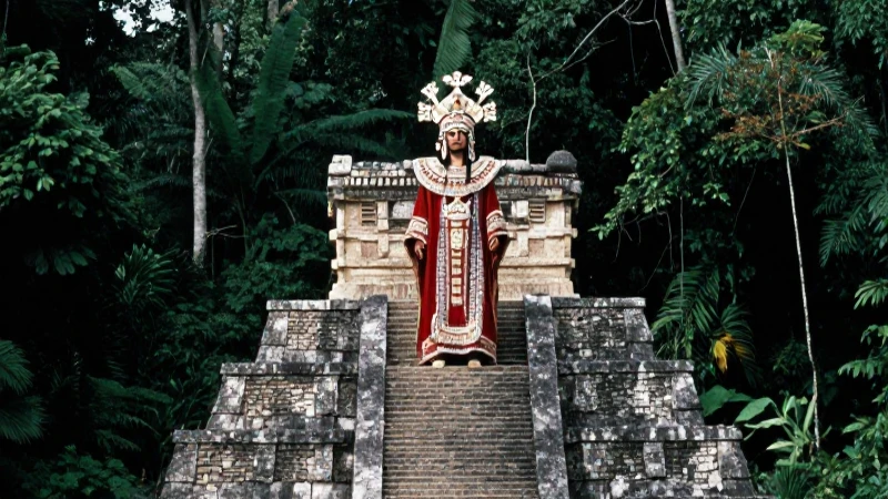 Mitos mesoamericanos: Explorando los relatos fundacionales 23 Sacerdote Nahua sobre pirámide antigua