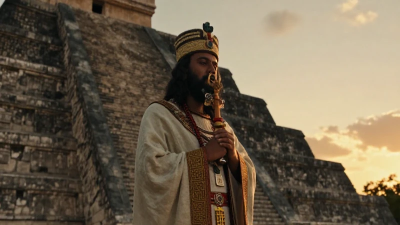 Mitos mesoamericanos: Explorando los relatos fundacionales 20 Sacerdote mesoamericano en ritual junto a una pirámide al atardecer