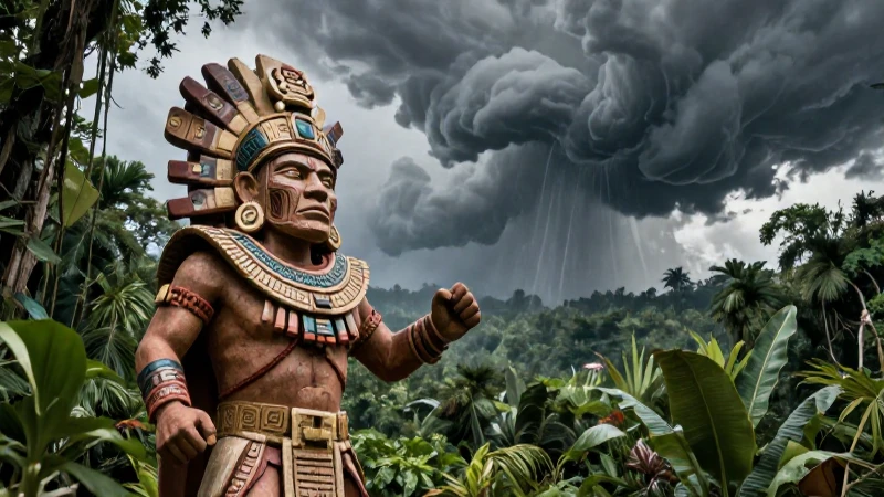 Dios Mixcóatl sobre tormenta en la selva