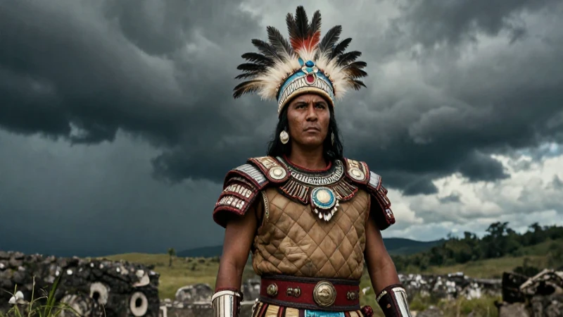 Guerrero azteca en armadura bajo dramosas nubes