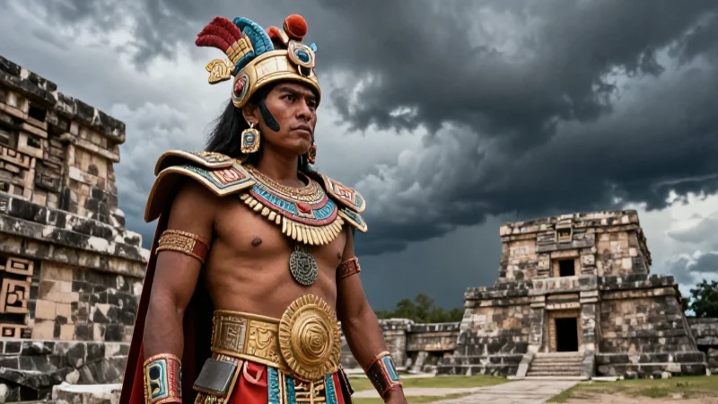 Guerrero azteca bajo tormentas sobre ruinas antiguas