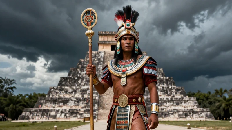 Sacerdote azteca bajo tormenta en pirámide