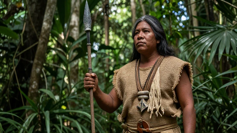Cazador mesoamericano antiguo en la selva exuberante