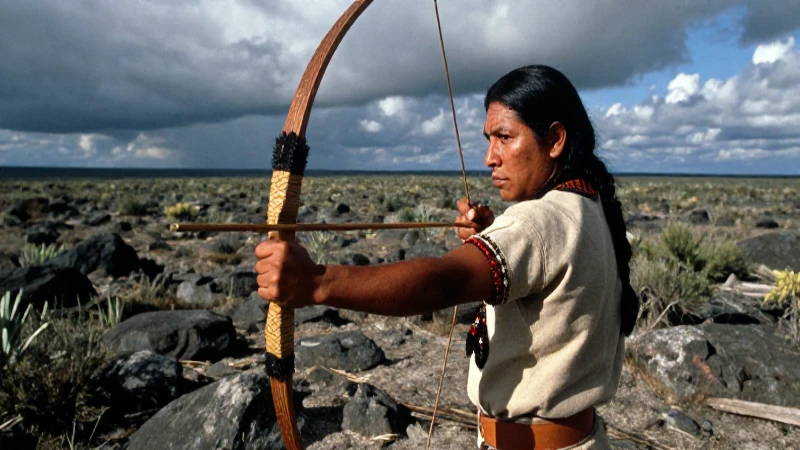 Cazador mesoamericano ancestral en un paisaje dramático