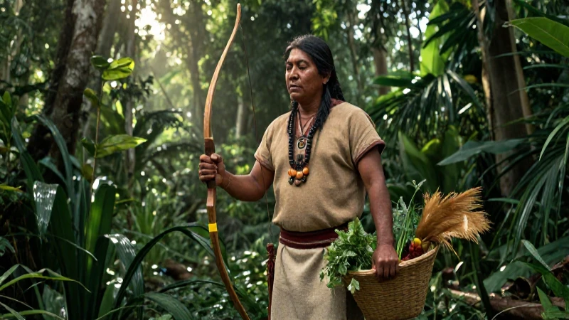 Cazador Mixcóatl en selva, con arco y cosecha