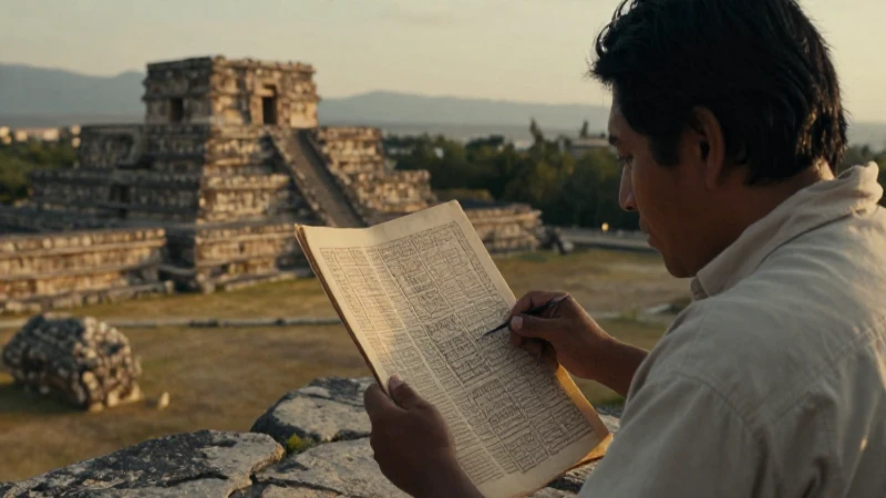 Scholar examines ancient Mixtec ruins at golden hour