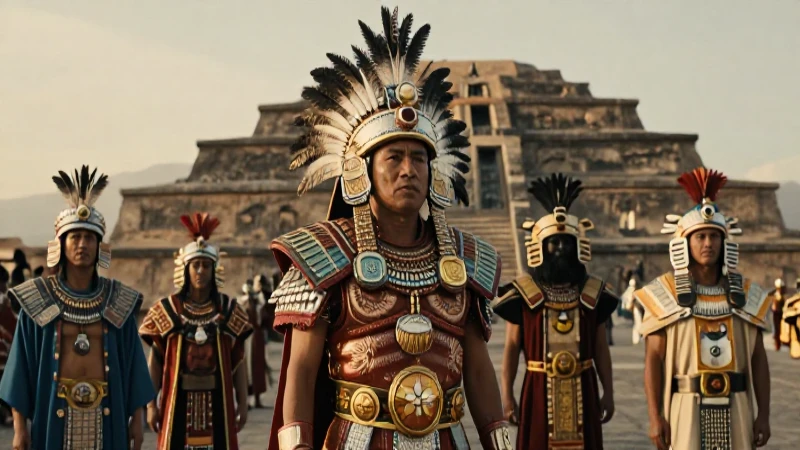 Moctezuma y nobleza azteca en Tenochtitlan