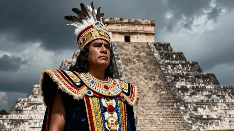 Moctezuma II en el Templo Mayor con luz dramática