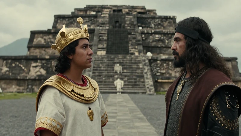 Moctezuma y Cortés en Templo Mayor dramático
