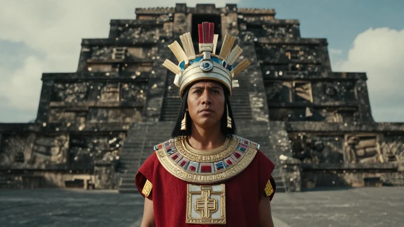 Moctezuma joven en Templo Mayor, estilo documental