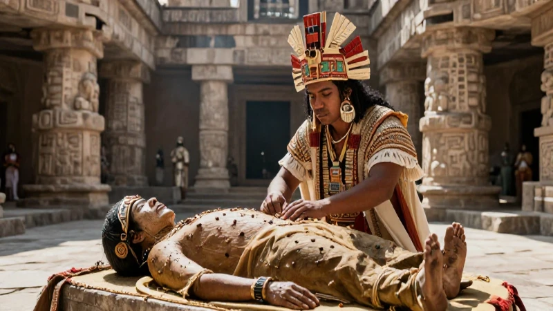Sacerdote mesoamericano realiza ritual de momificación