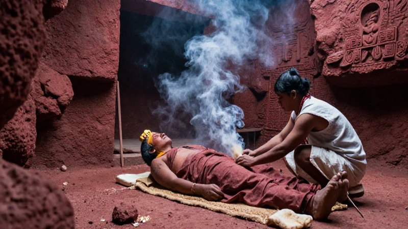 Sacerdote mesoamericano en ritual ceremonial con copal