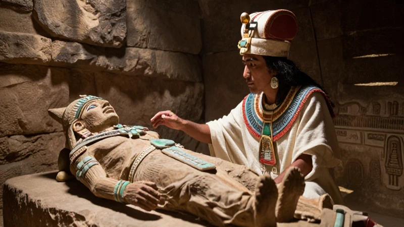 Sacerdote azteca inspecciona momia noble en cámara subterránea