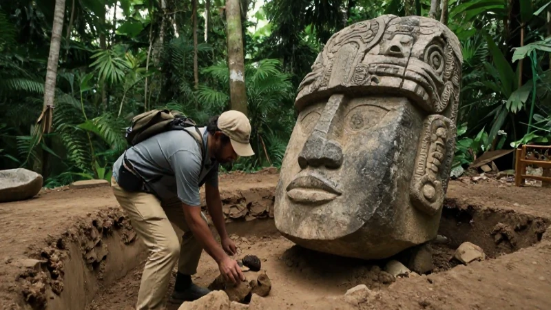 Descubrimiento de un interesante monumento olmeca sepultado 234 Arqueólogo desentierra antigua piedra Olmec en la jungla