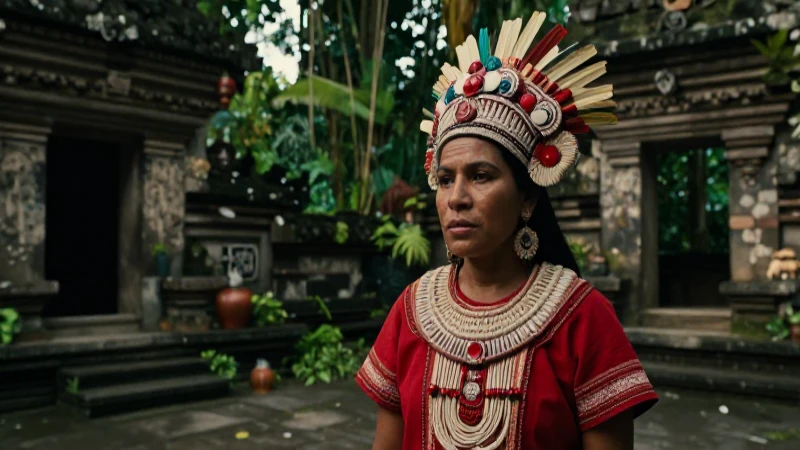 Mujer maya en patio de piedra bajo la jungla