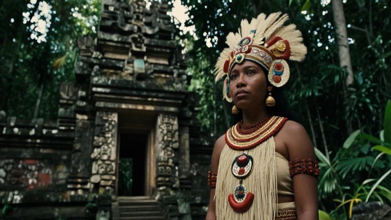 Mujer maya en ceremonia ante templo ancestral