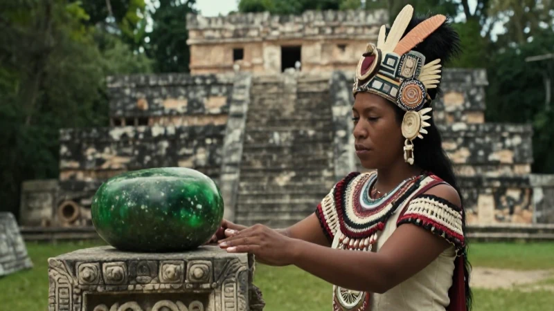 Maya ceremonial scene con ofrenda vibrante en templo antiguo