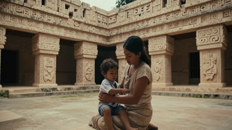 Madre maya enseñando a su hijo en un patio tradicional