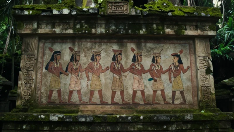 Mural maya real en templo antiguo con luz dramática