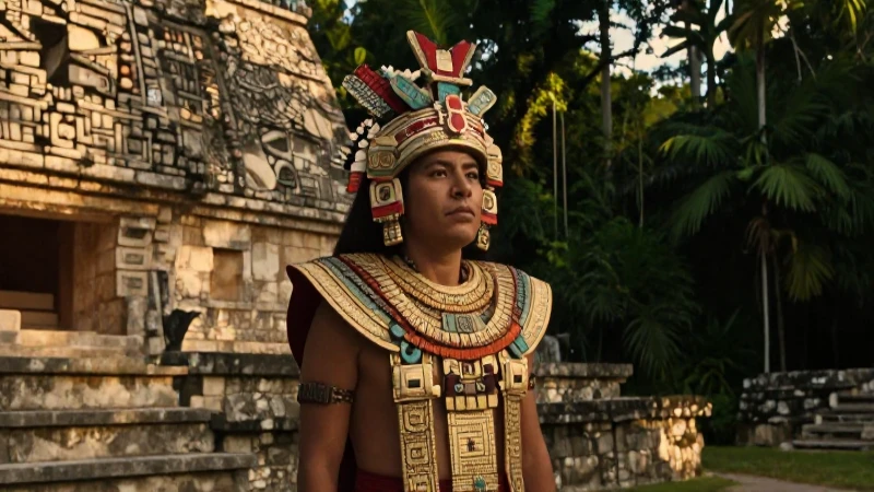 Noble maya en ruinas bajo dramática luz dorada