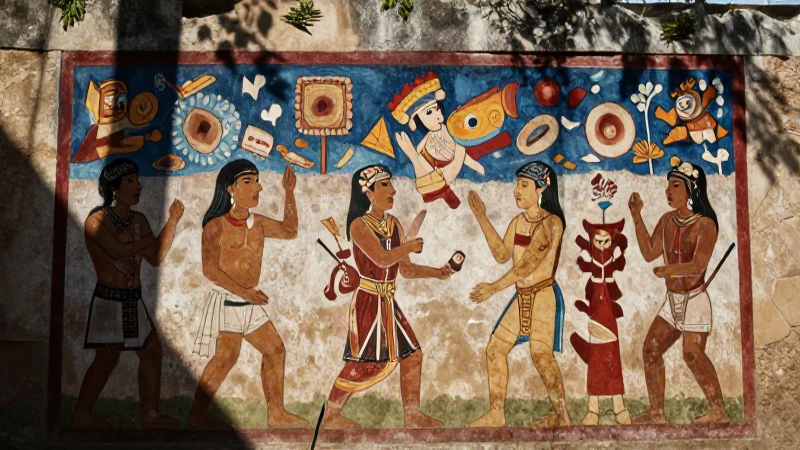 En qué consiste el muralismo prehispánico y sus pinturas 35 Mural mesoamericano vibrante en piedra antigua