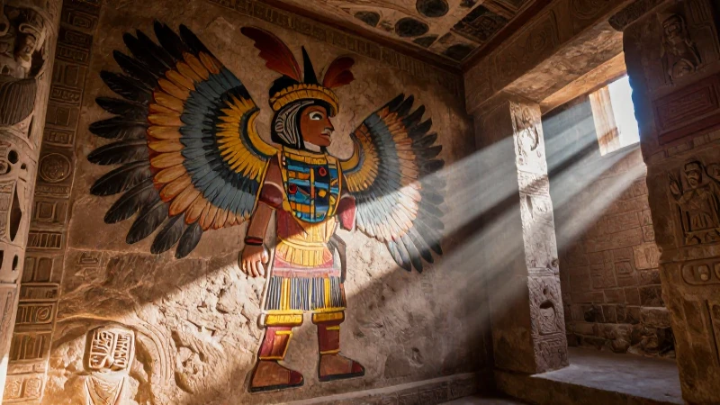En qué consiste el muralismo prehispánico y sus pinturas 39 Deidad mesoamericana en templo antiguo con luz dramática