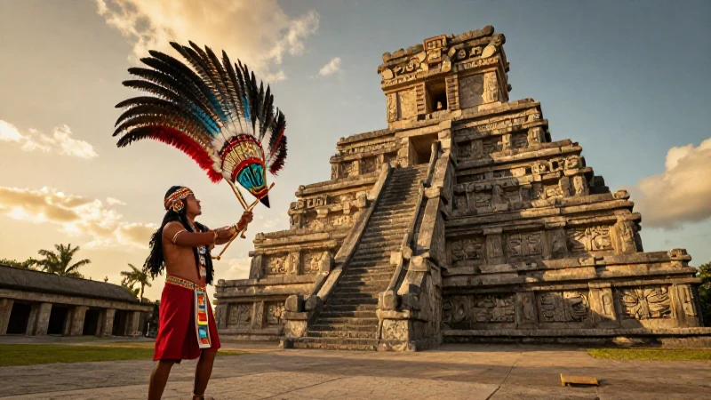 Músico azteca con templo en la hora dorada