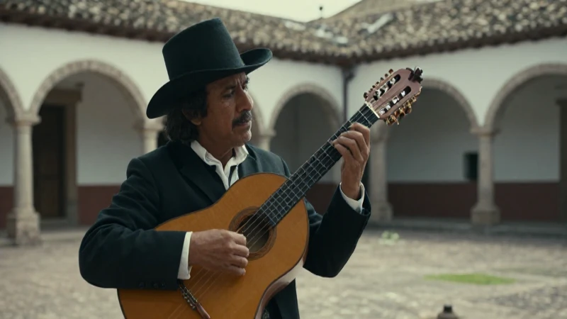 Músico vihuela en plaza colonial, documental histórico