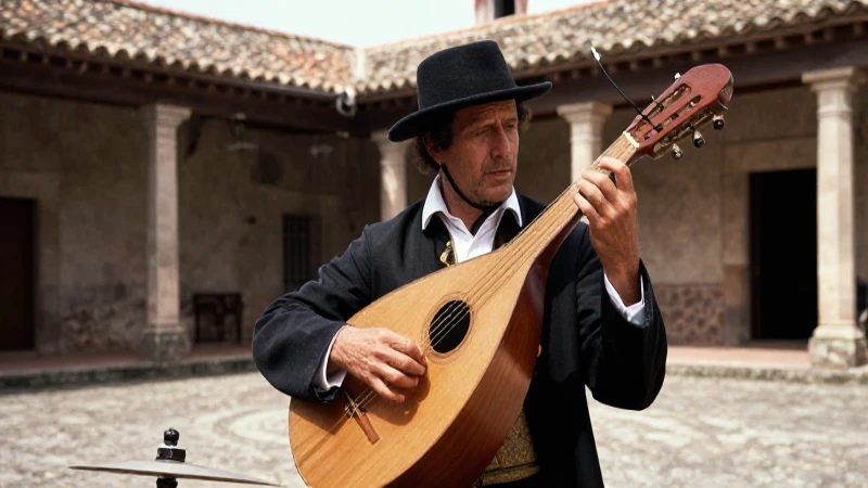 Músico colonial con vihuela en hacienda