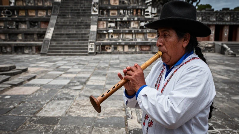 Flautas ancestrales mexicanas en paisaje antiguo