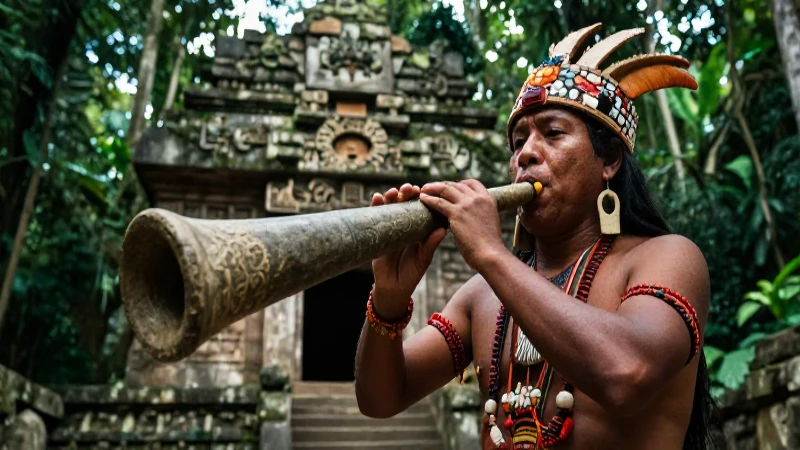 Chamán mesoamericano en templo bajo luz dramática