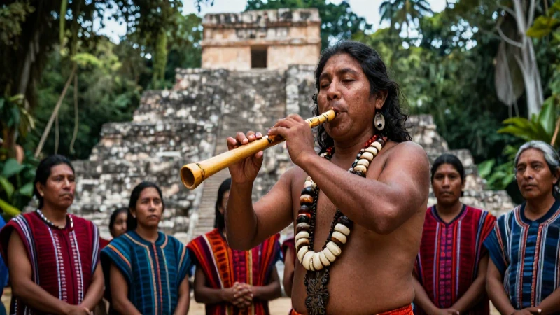 Músico prehispánico toca flauta ante pirámide antigua