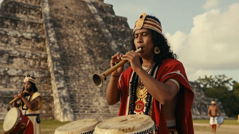 Sacerdote mesoamericano con flautas frente a pirámide al atardecer