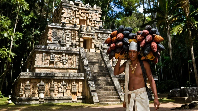 Muyil, Quintana Roo: Cronología de su Historia y Cultura 3 json{ oracion: Mercader maya con cacao frente al templo de Muyil.}
