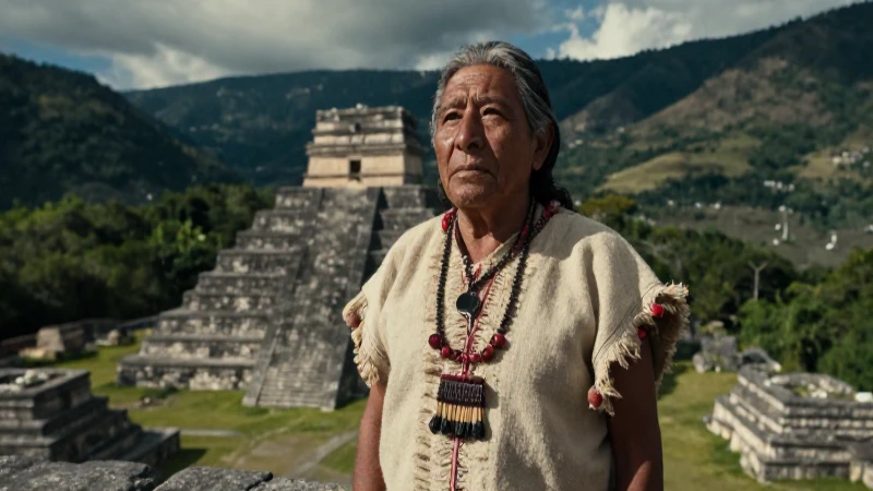 Anciano Nahua resolutivo ante una pirámide ancestral