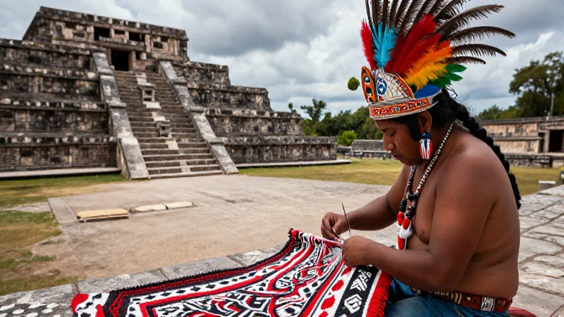 Artesana Nahua tejiendo en antiguo templo mesoamericano