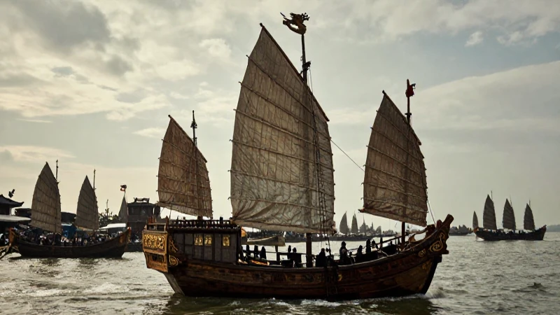 Nao de China: Riqueza a Contracorriente de la Historia 42 Barco chino ornamentado en puerto comercial del siglo XVII