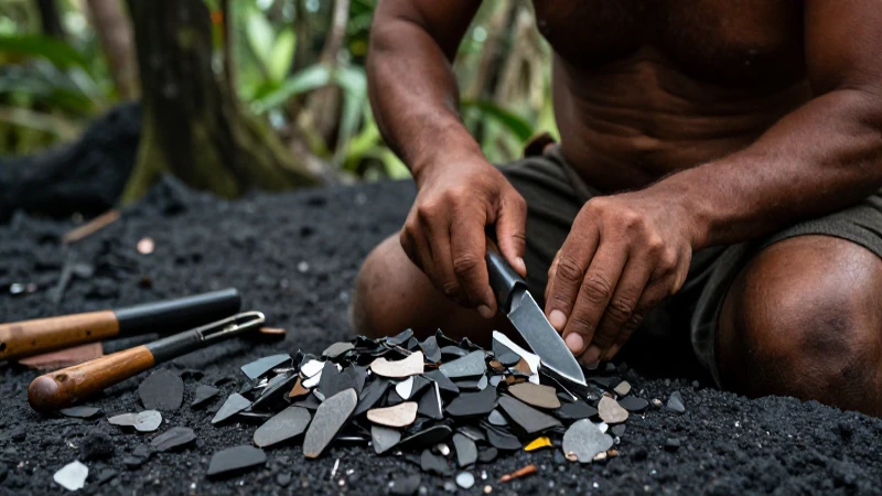 Artisan puliendo obsidiana en jungla volcánica