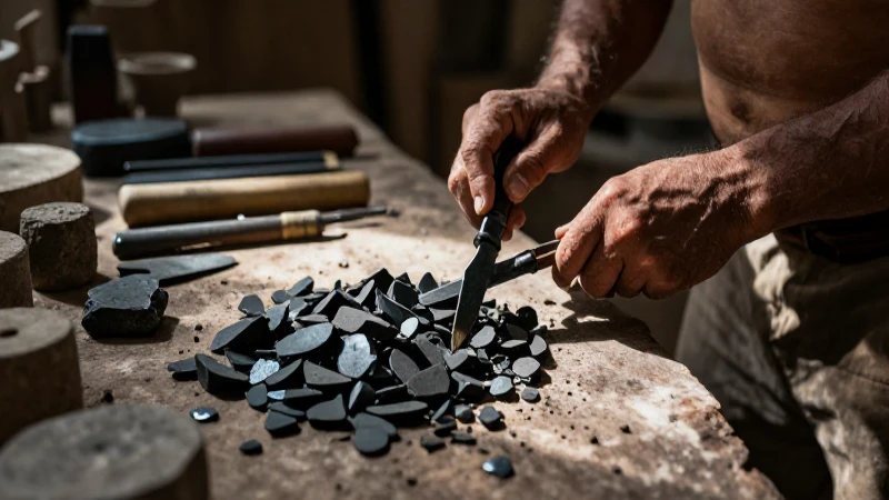 Artesano mesoamericano trabajando con obsidiana bajo luz natural
