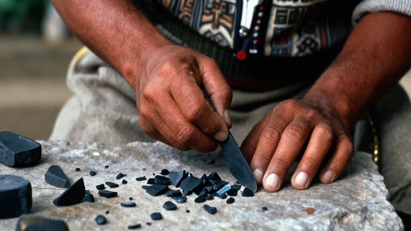 Artesano mesoamericano talla una hoja de obsidiana