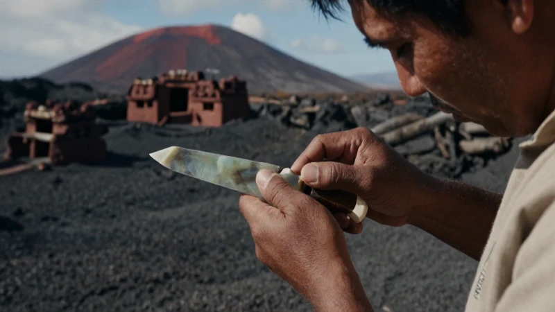 Artesano mesoamericano trabaja con obsidiana y paisaje volcánico