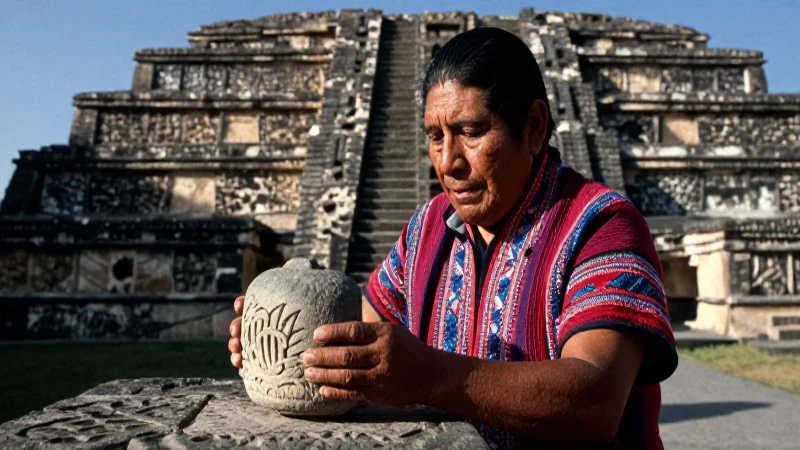 Artisano Nahua-Mixteca examina artefactos cerca de ruinas de Cholula